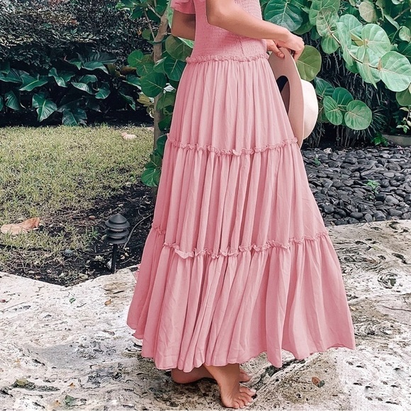 NEW- Lulu's Like a Fairy Tale Dusty Pink Smocked Tie-Strap Tiered Maxi Dress MD - Picture 10 of 16